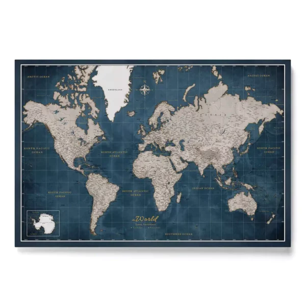 Push Pin World Map Canvas Dark Blue